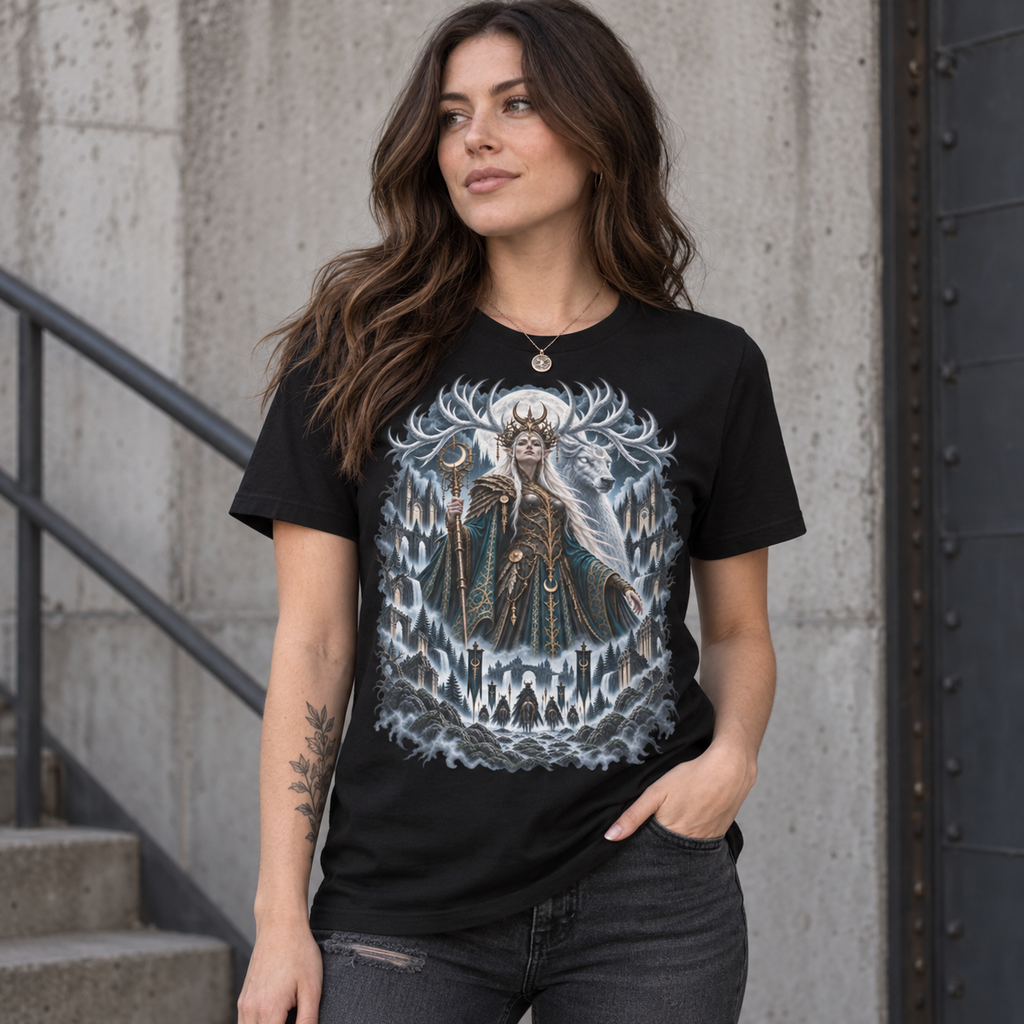 Black Moonthorn Queen graphic T-shirt model mockup showing spectral stag, full moon and gothic ruins