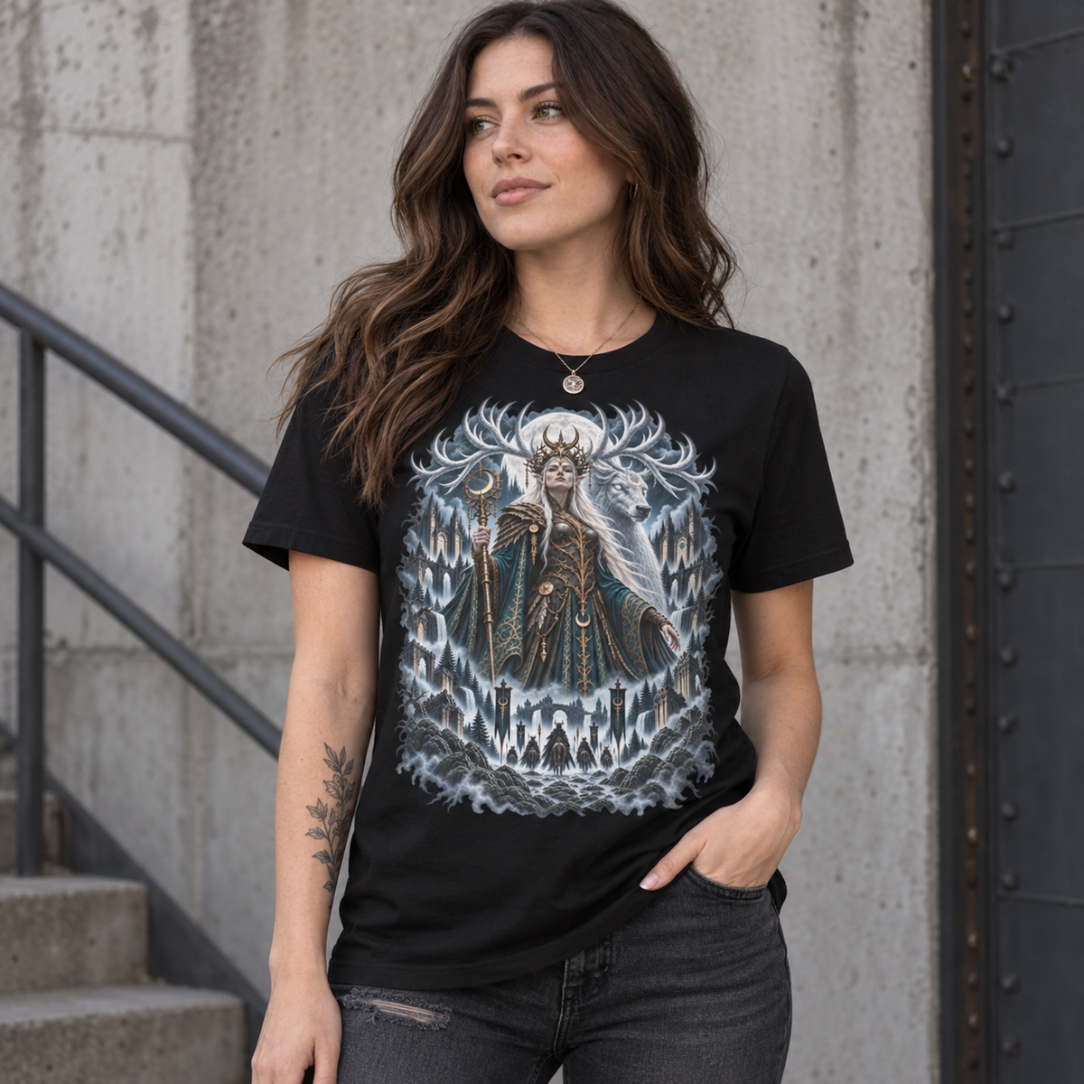 Black Moonthorn Queen graphic T-shirt model mockup showing spectral stag, full moon and gothic ruins