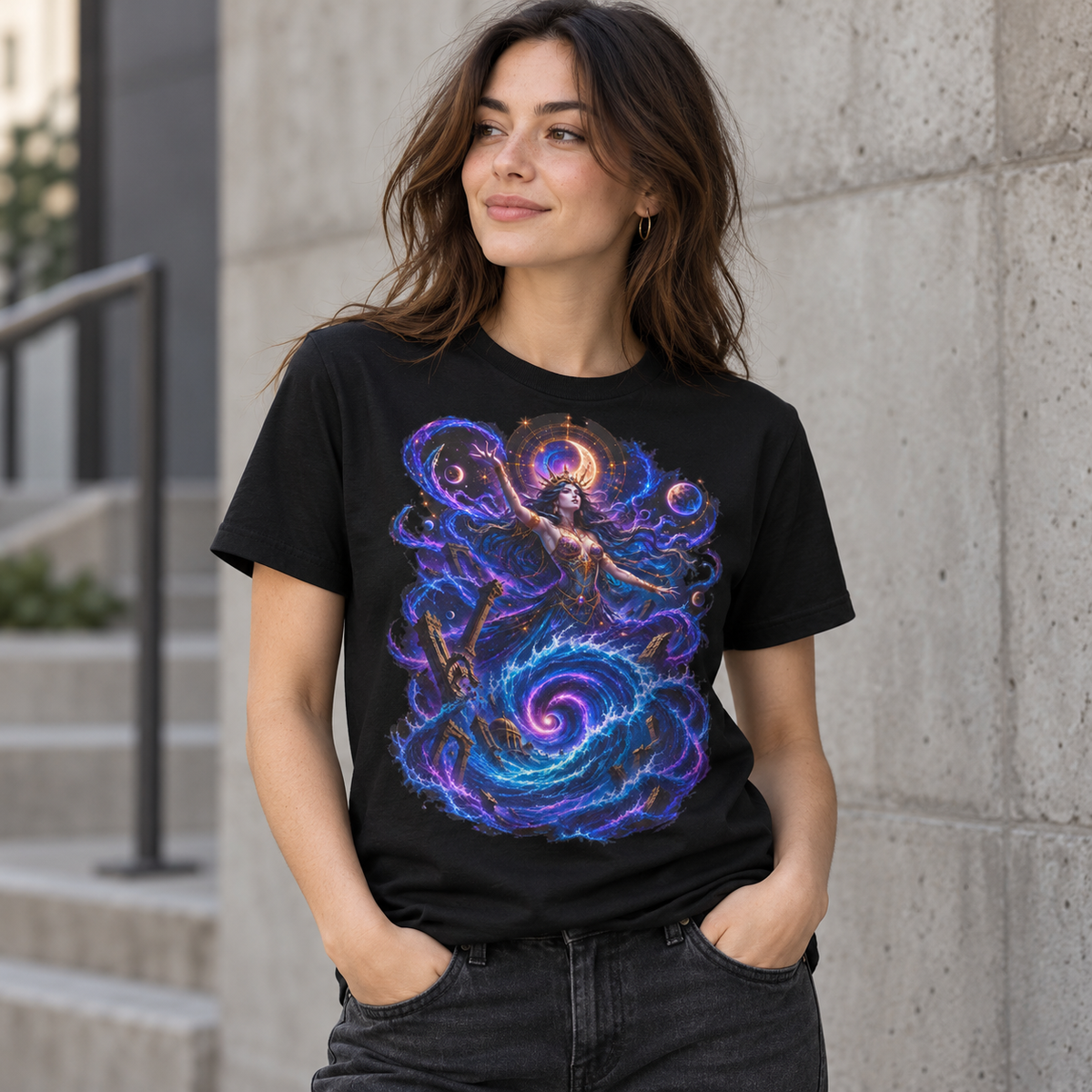 Model wearing the Celestial Tide graphic T-shirt on a black tee