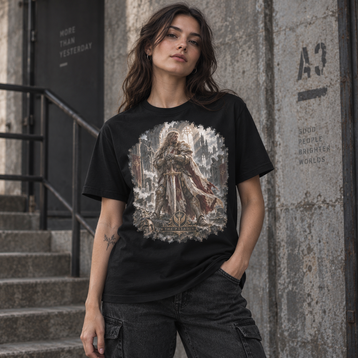 The Paladin Gloamforged black graphic T-shirt alternate model view – Astral Drift