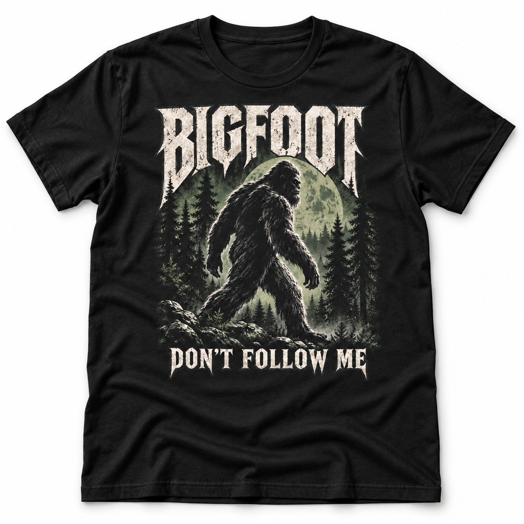 Bigfoot - Don't Follow Me black graphic T-shirt by Astral Drift