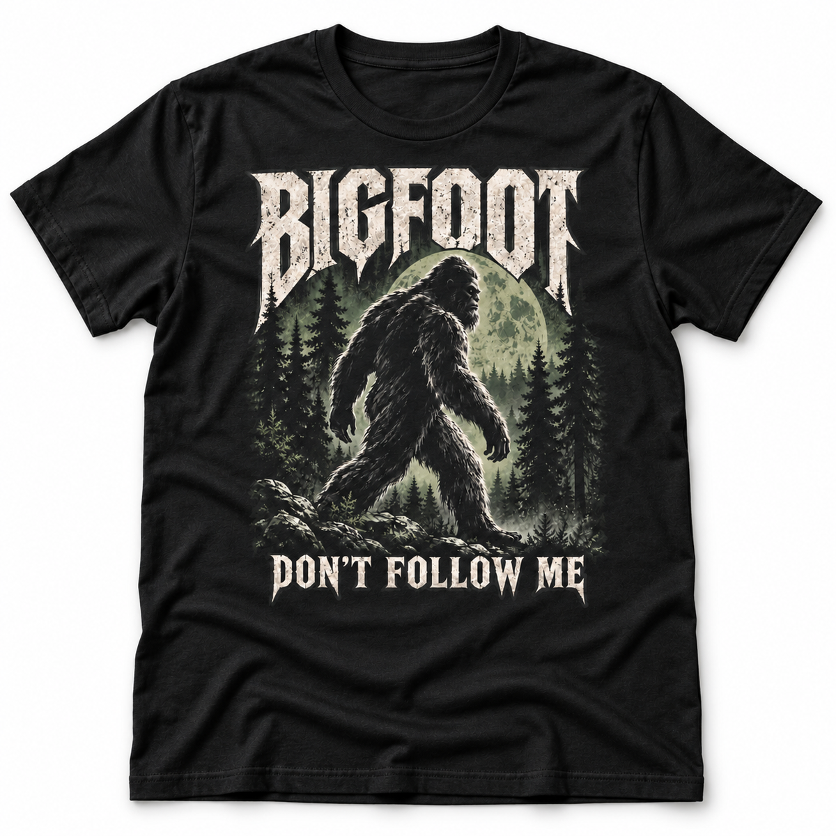 Bigfoot - Don't Follow Me black graphic T-shirt by Astral Drift
