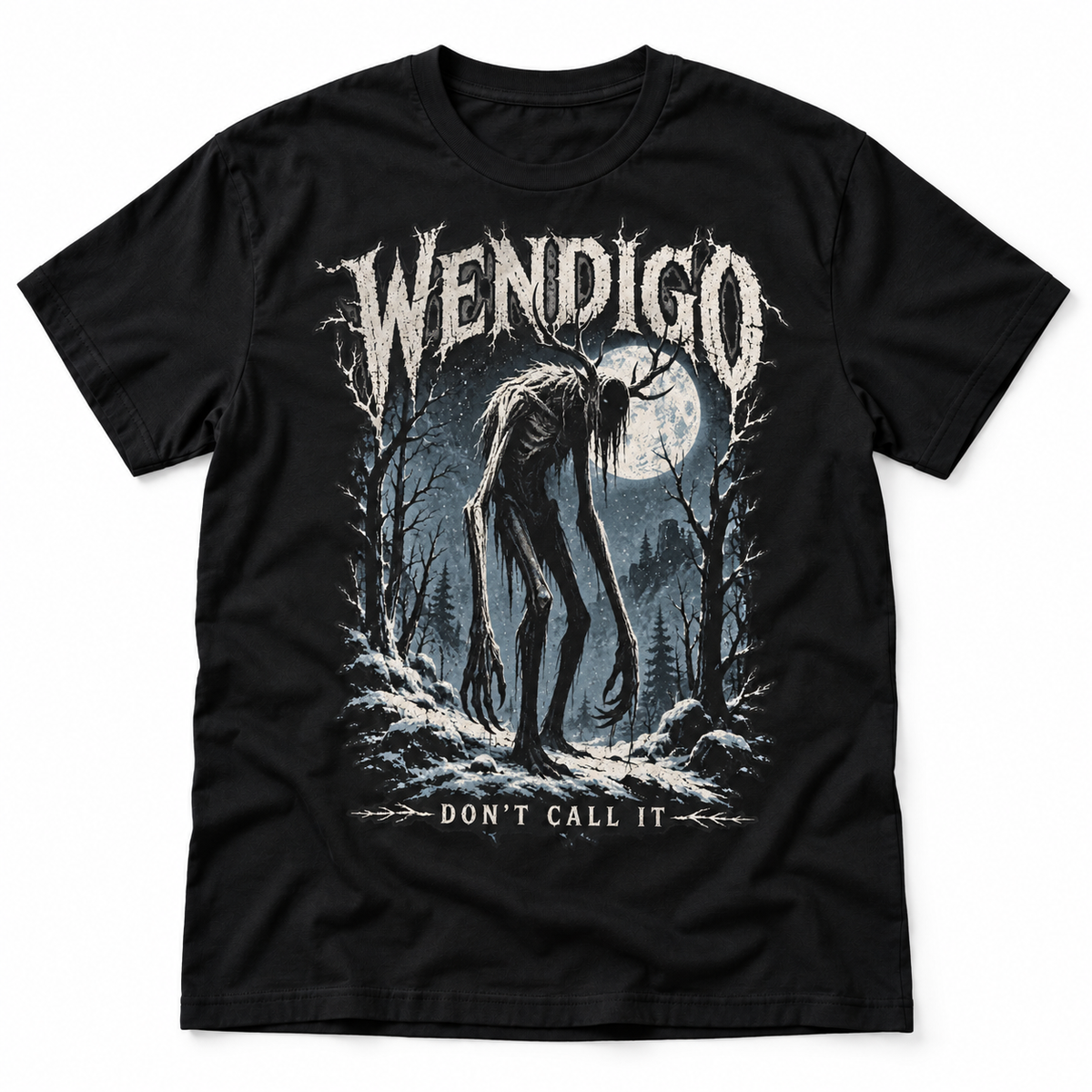 Wendigo Don't Call It black T-shirt with a gaunt figure among bare trees