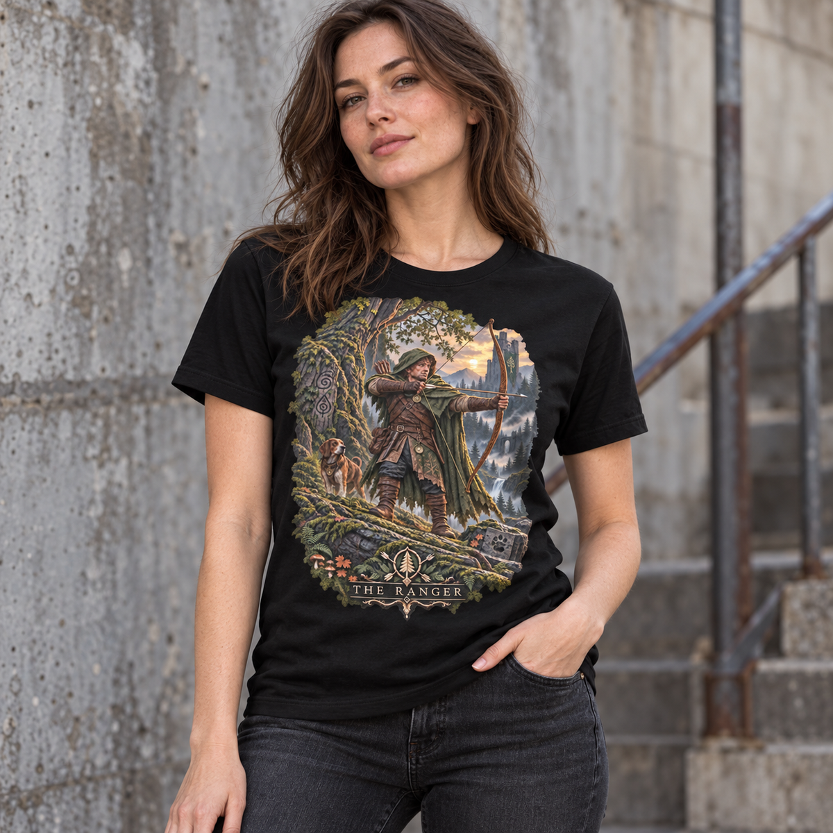 Female model wearing The Ranger black fantasy T-shirt by Astral Drift with halfling archer and hound artwork.