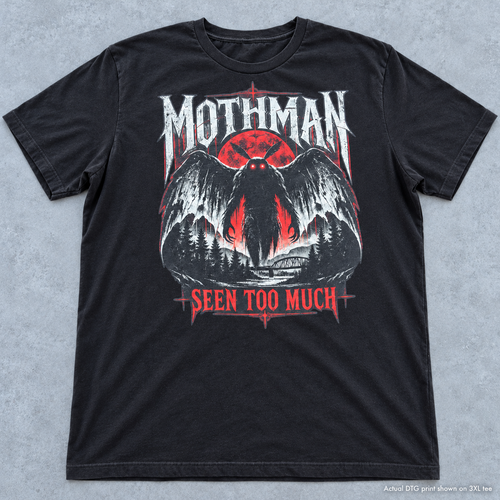 Mothman Seen Too Much black graphic T-shirt shown on 3XL, with red moon, winged cryptid and distressed lettering