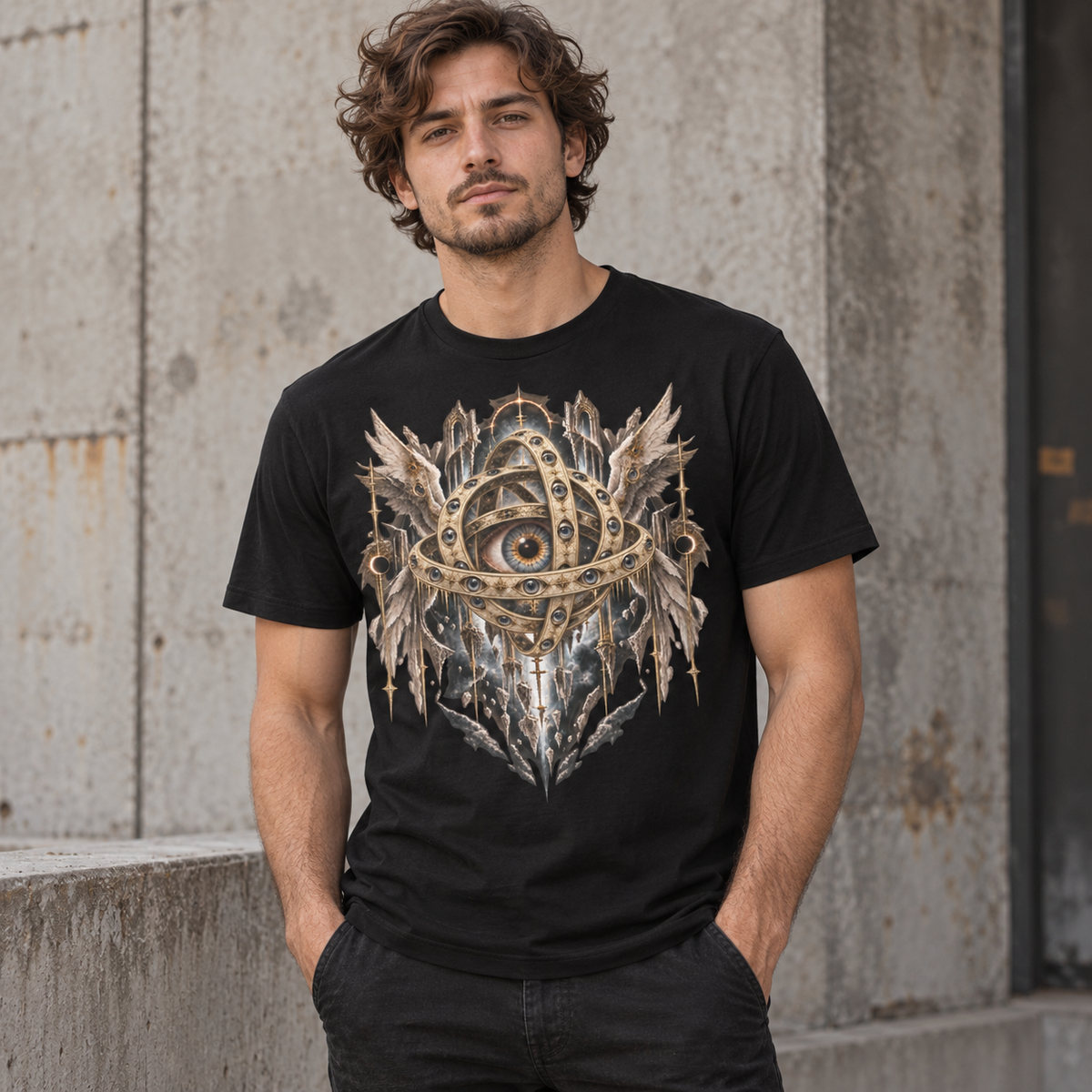 Model wearing Throne of Eyes black celestial horror graphic T-shirt by Astral Drift