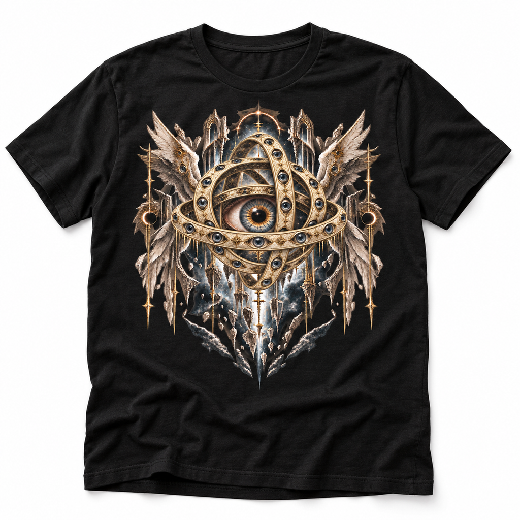 Throne of Eyes black celestial horror graphic T-shirt with golden rings and all-seeing eyes – Astral Drift