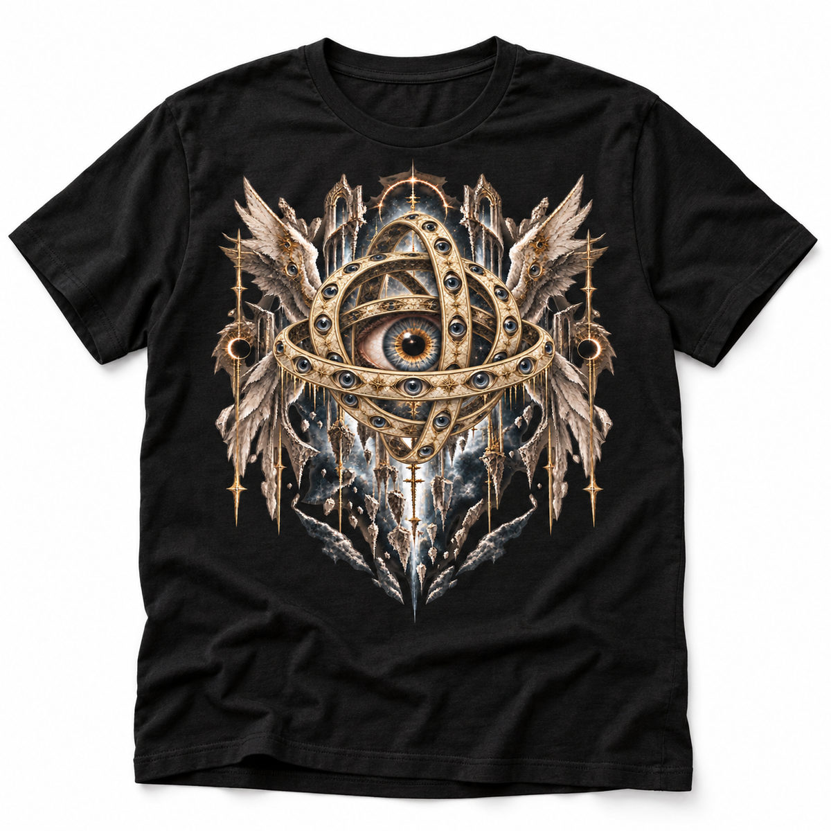 Throne of Eyes black celestial horror graphic T-shirt with golden rings and all-seeing eyes – Astral Drift