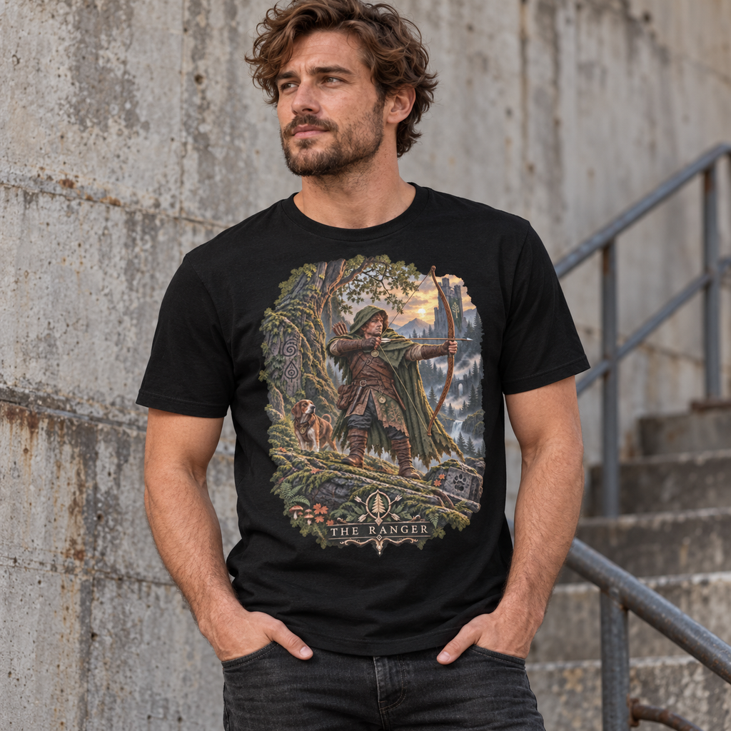 Male model wearing The Ranger black fantasy T-shirt by Astral Drift with halfling archer and hound artwork.