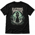 Flatwoods Monster Not From Here black T-shirt with a towering silhouette and green forest