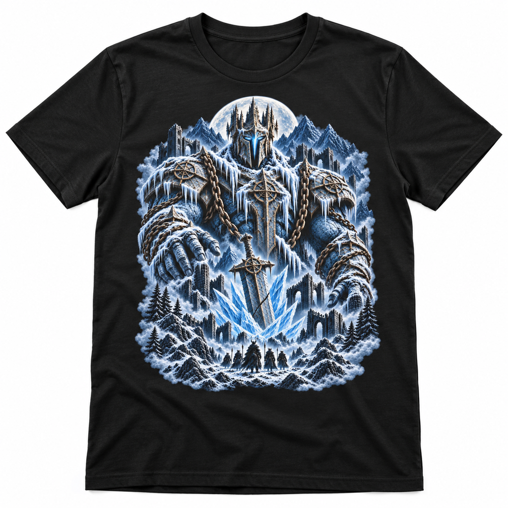 Frost Titan graphic T-shirt flat mockup on a black tee
