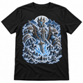 Frost Titan graphic T-shirt flat mockup on a black tee