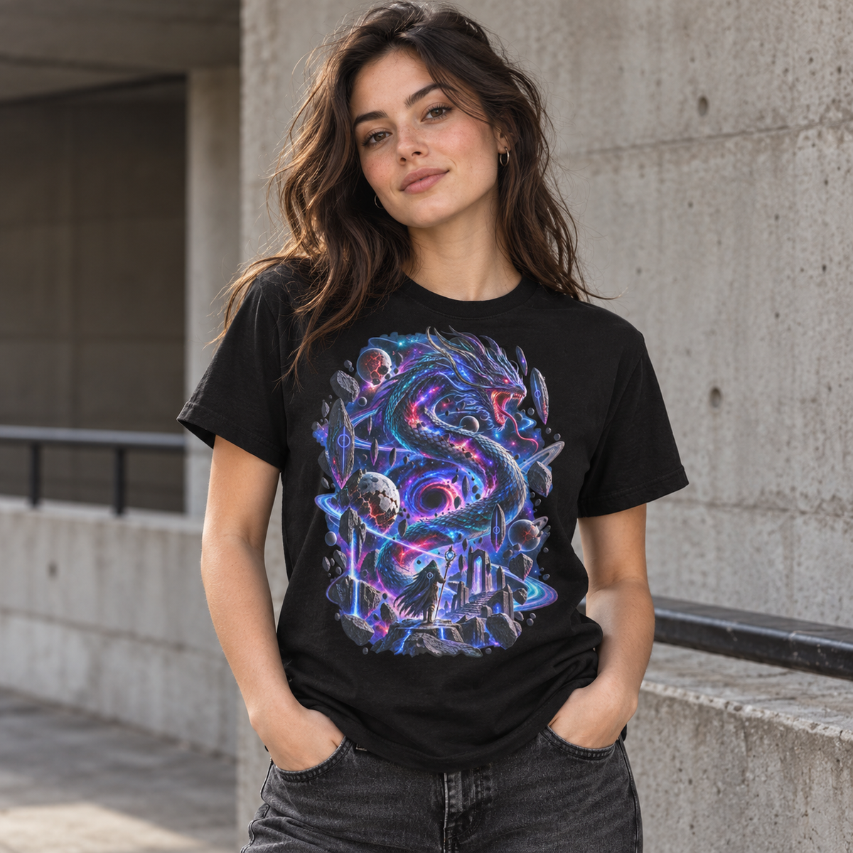 Model wearing Void Serpent black cosmic graphic T-shirt by Astral Drift