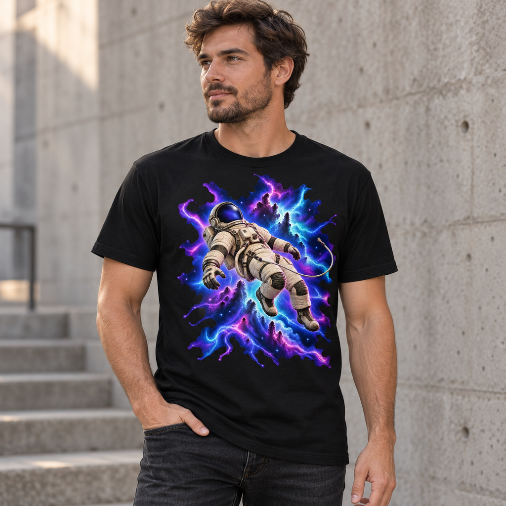 Male model wearing the Severed Orbit black astronaut graphic T-shirt beside a concrete wall and steps.