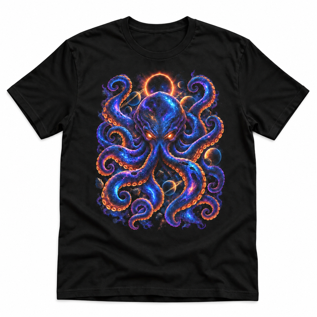 Cosmic Kraken black graphic T-shirt by Astral Drift