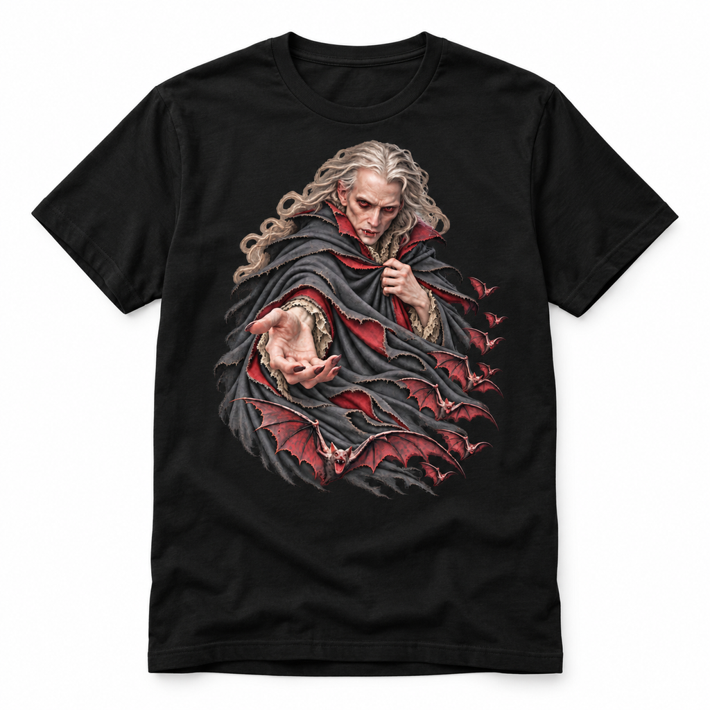 The Last Invitation black T-shirt featuring a pale vampire in a charcoal and oxblood cloak with bats, laid flat on white.