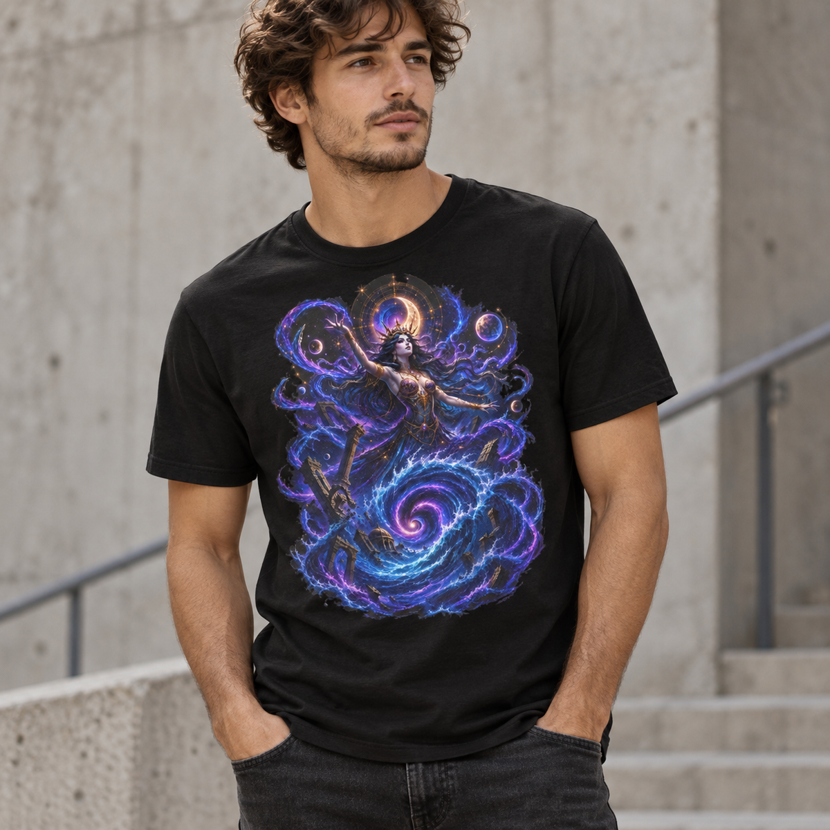Alternate model wearing the Celestial Tide graphic T-shirt on a black tee