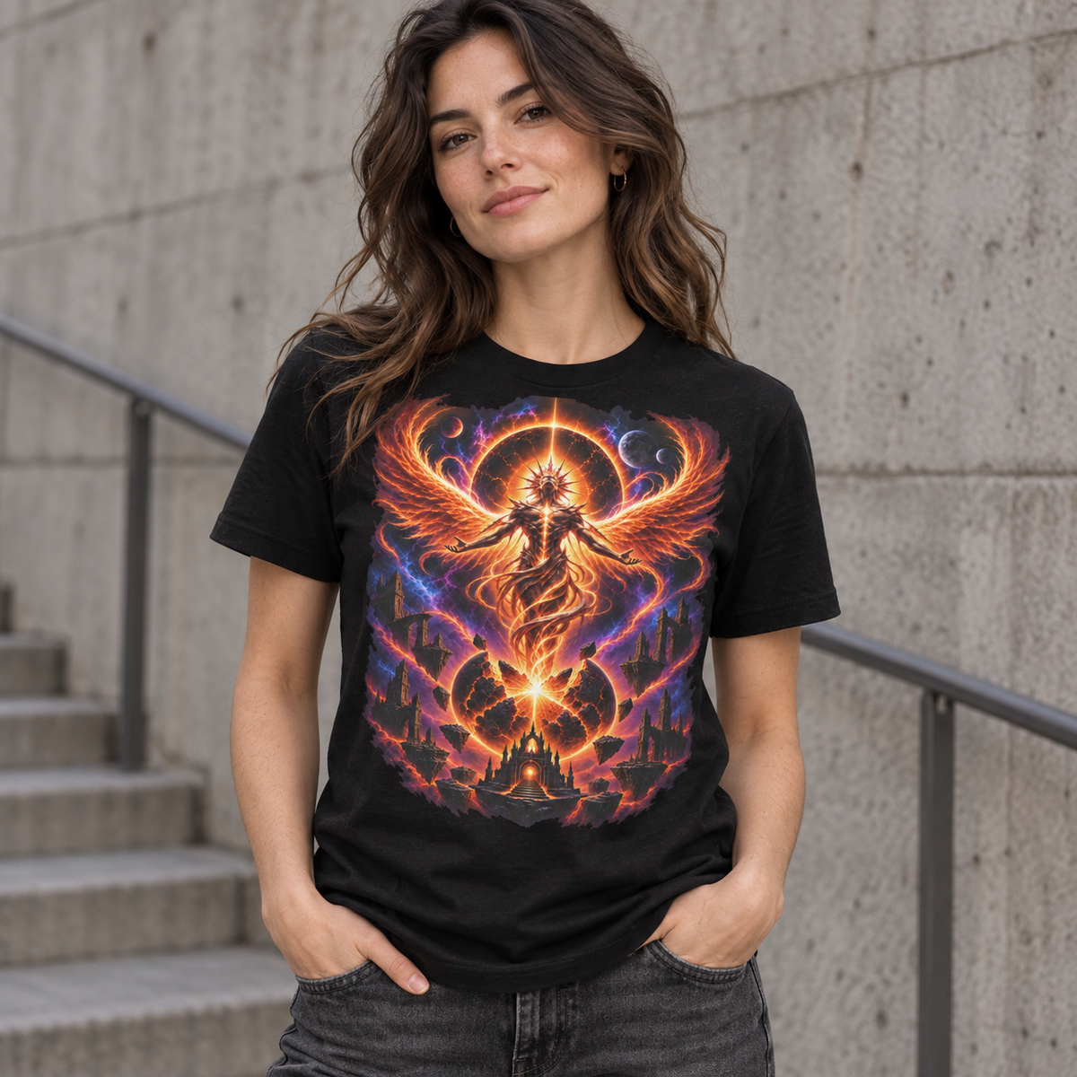 Solar Rebirth black graphic T-shirt lifestyle mockup – alternate view by Astral Drift