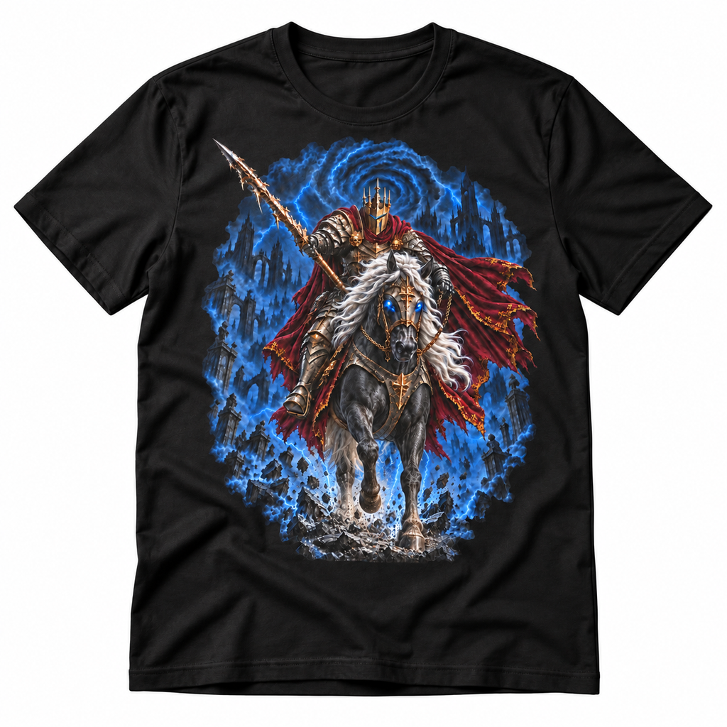 Stormwraith Cavalier black graphic T-shirt by Astral Drift