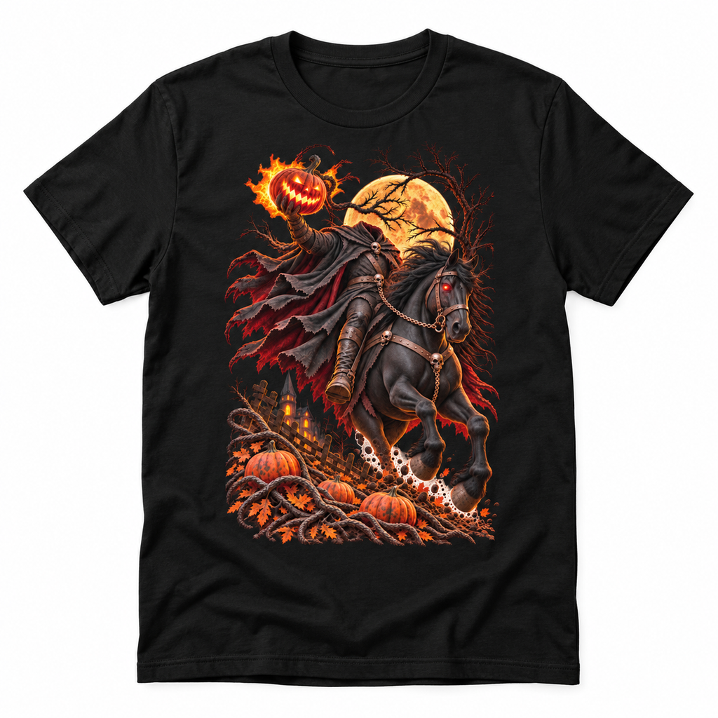 Headless Horseman black graphic T-shirt with a headless rider, flaming pumpkin and moonlit horse design, shown flat on white.