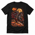 Headless Horseman black graphic T-shirt with a headless rider, flaming pumpkin and moonlit horse design, shown flat on white.