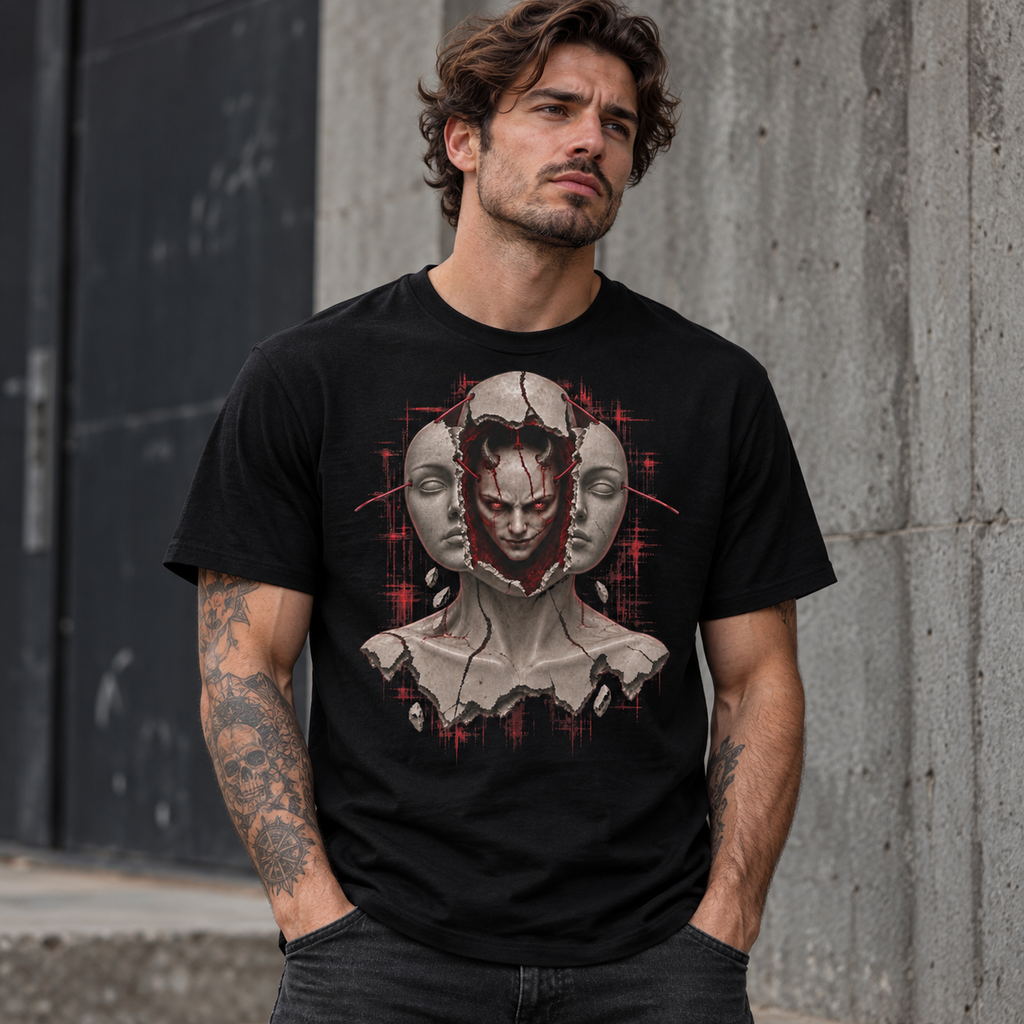 Model wearing The Mannequin graphic T-shirt on a black tee