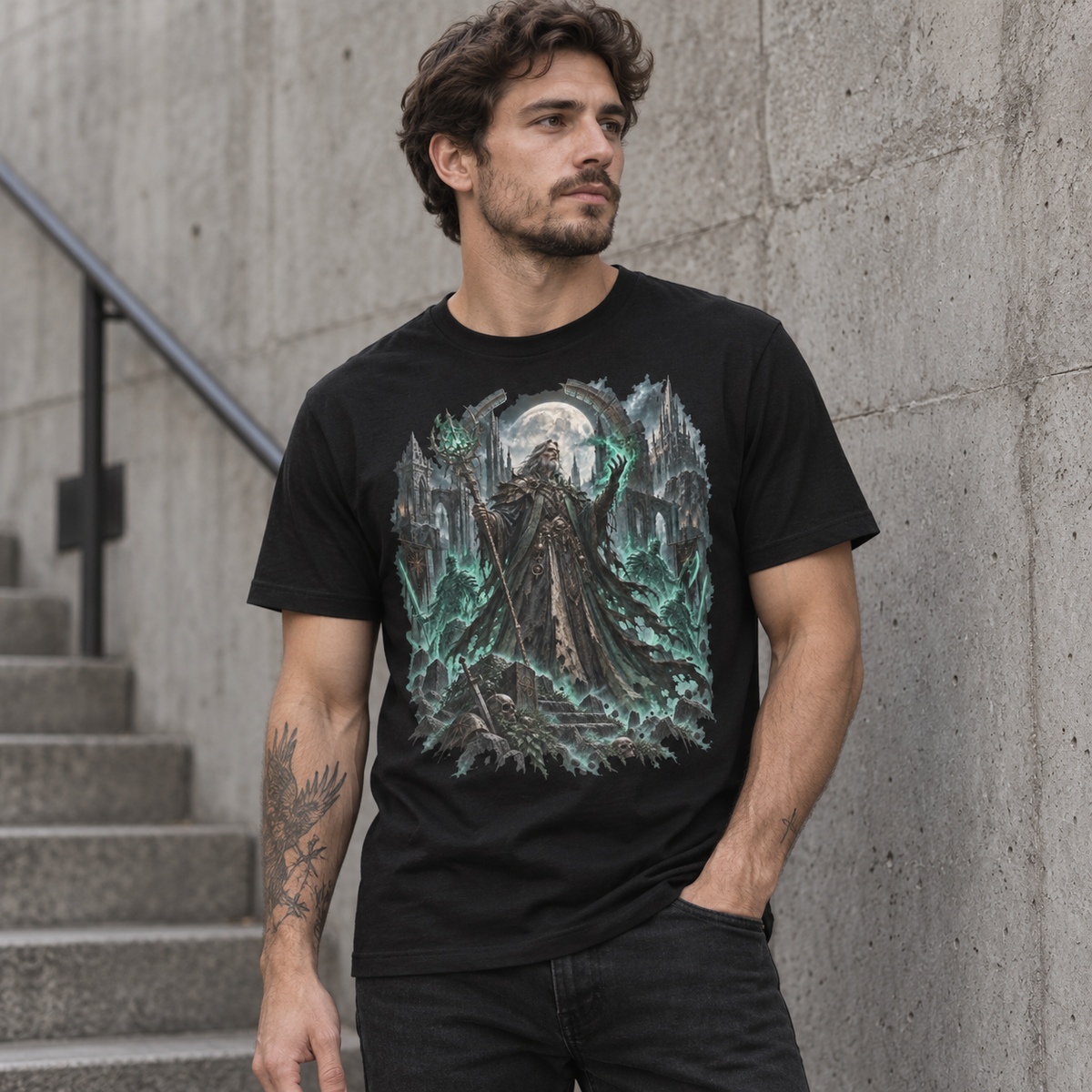 The Last Necromancer Astral Drift t-shirt with gothic ruins, teal spectral army and dark-fantasy artwork