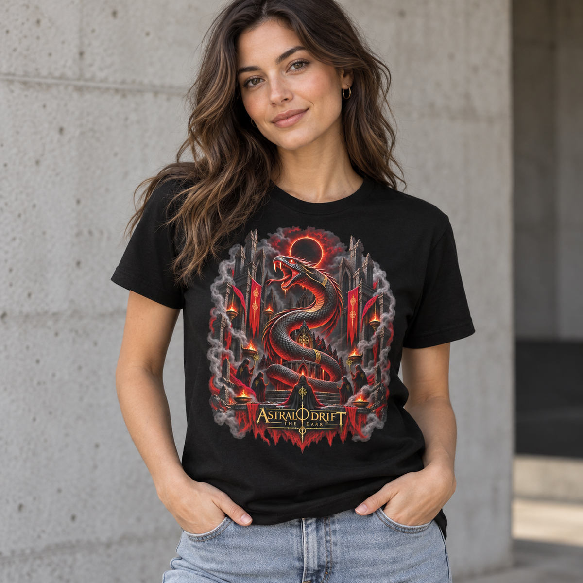 Model wearing the Serpent Ritual graphic T-shirt on a black tee