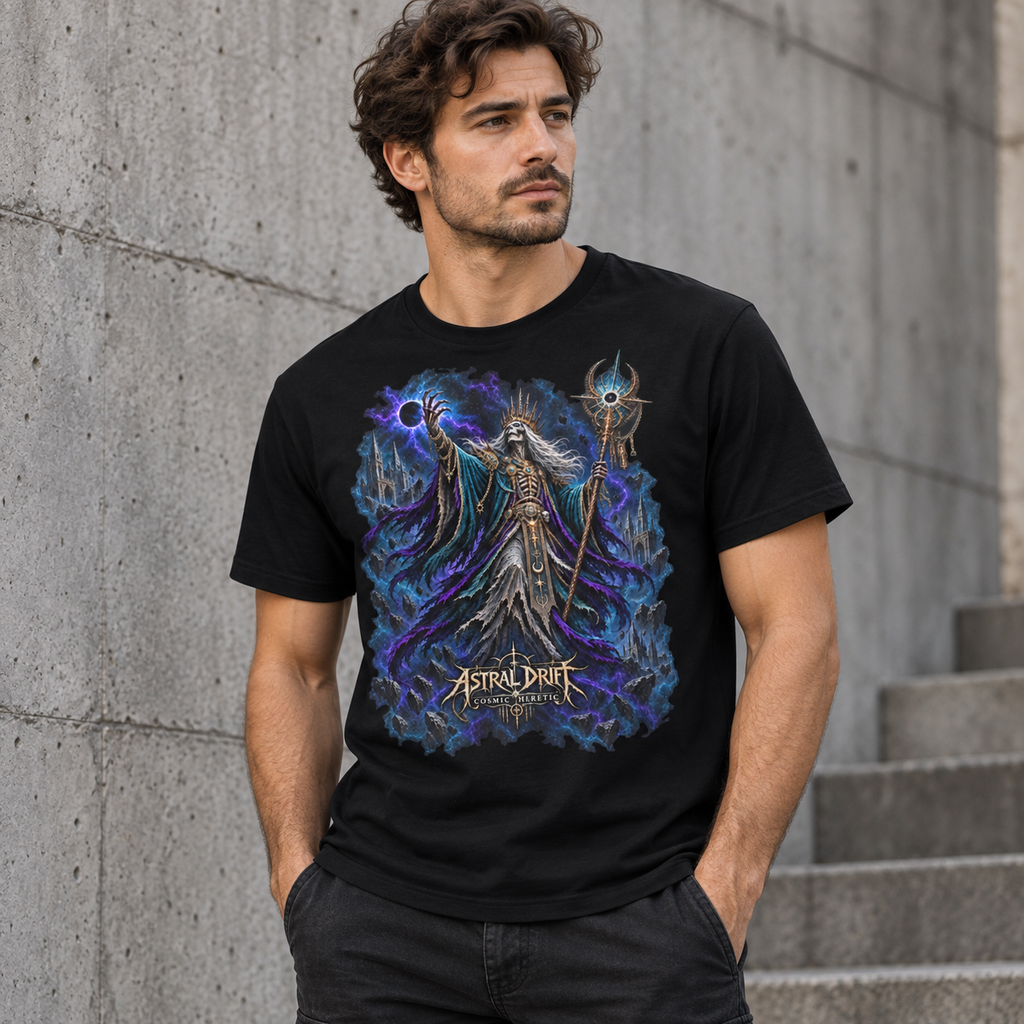 Model wearing Cosmic Heretic black dark fantasy graphic T-shirt by Astral Drift