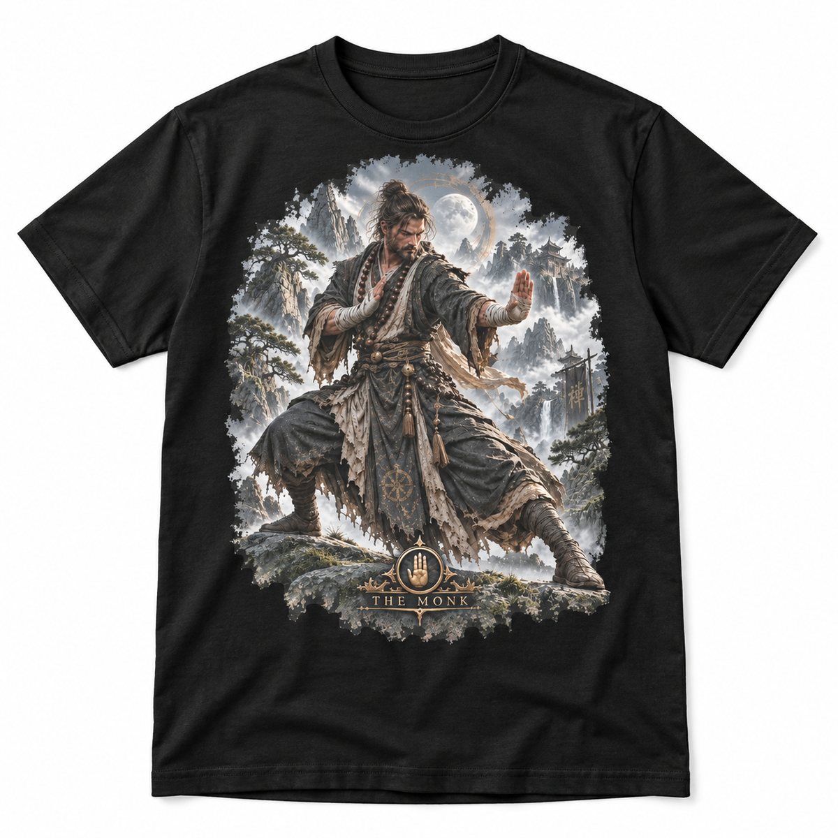 The Monk black Gloamforged graphic T-shirt with dark fantasy monk artwork – Astral Drift