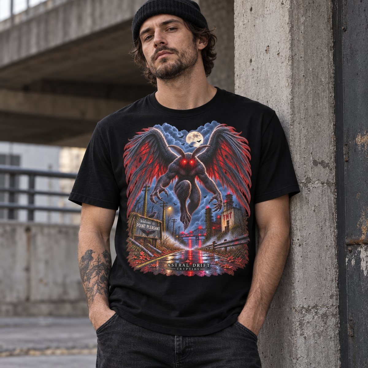 Male model wearing Mothman black cryptid graphic T-shirt by Astral Drift