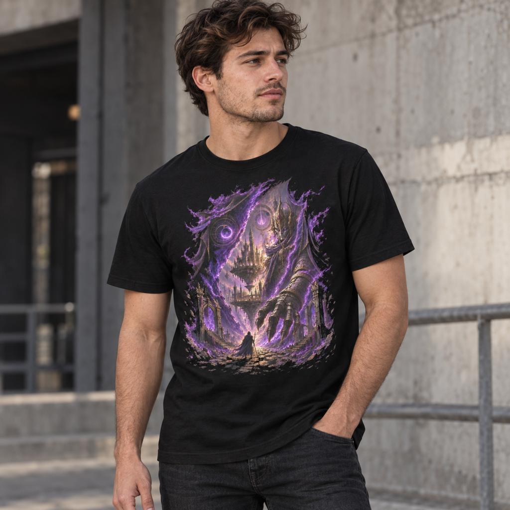 Model wearing Veil of Thalveryn black high-fantasy T-shirt by Astral Drift
