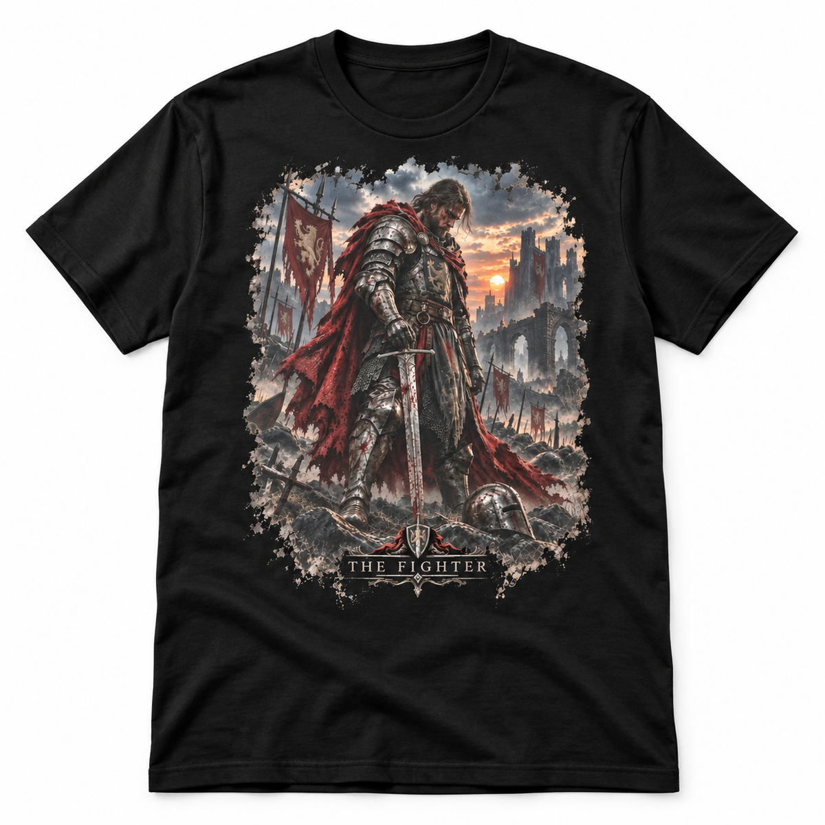 The Fighter black Gloamforged graphic T-shirt with armored fantasy warrior artwork – Astral Drift