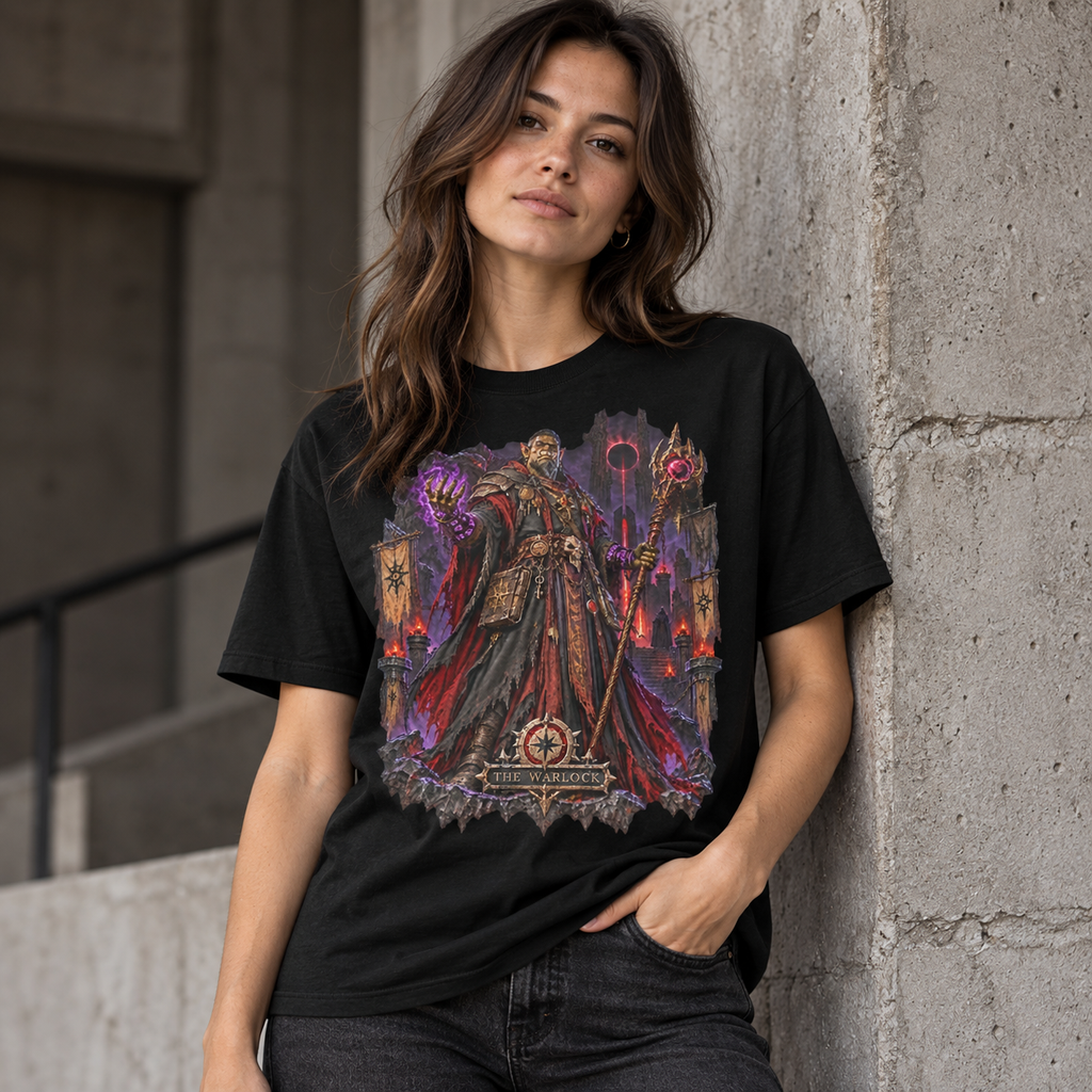 The Warlock black Gloamforged graphic T-shirt lifestyle model view – Astral Drift