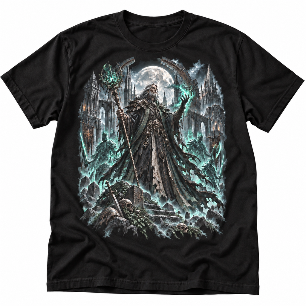 The Last Necromancer black graphic T-shirt by Astral Drift