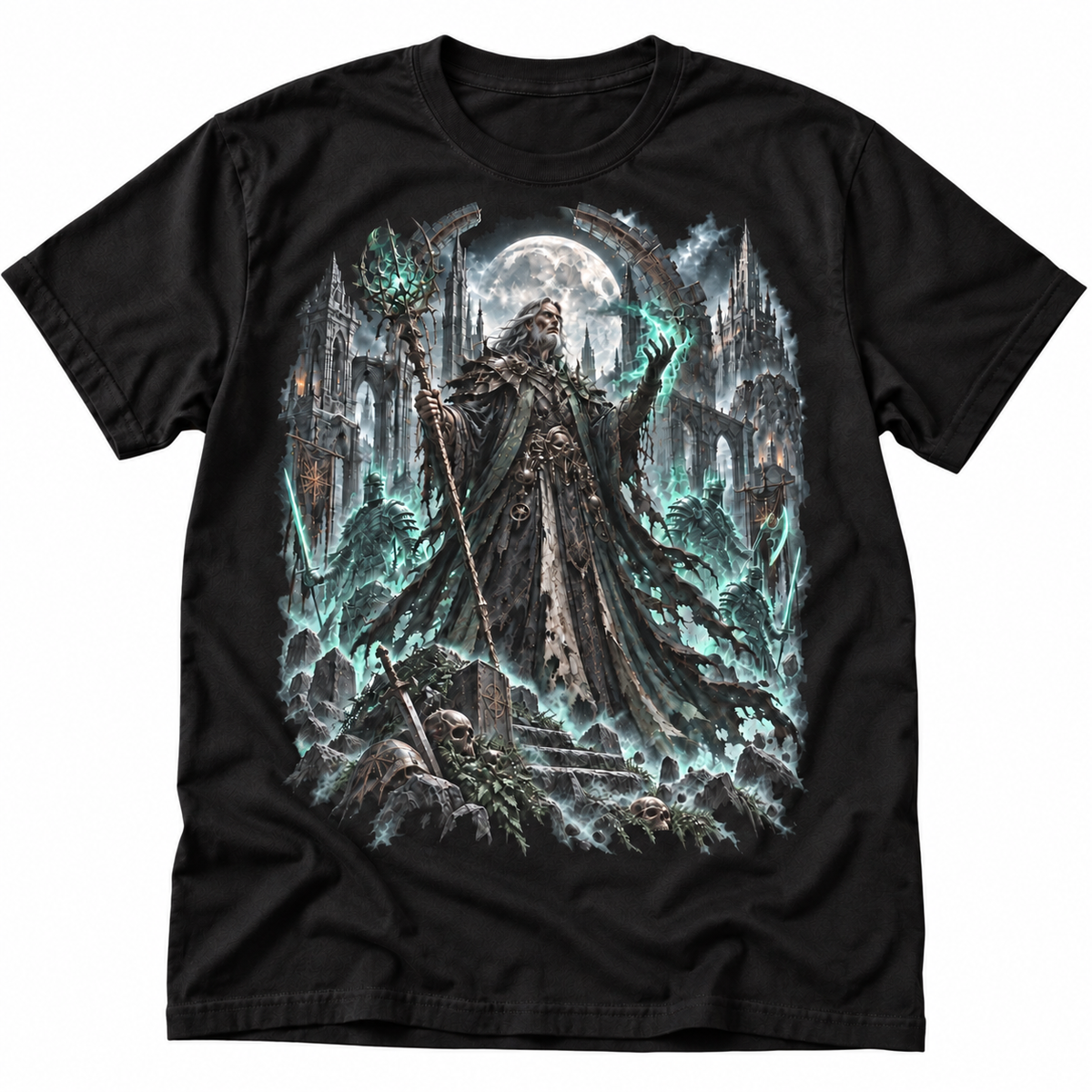 The Last Necromancer black graphic T-shirt by Astral Drift