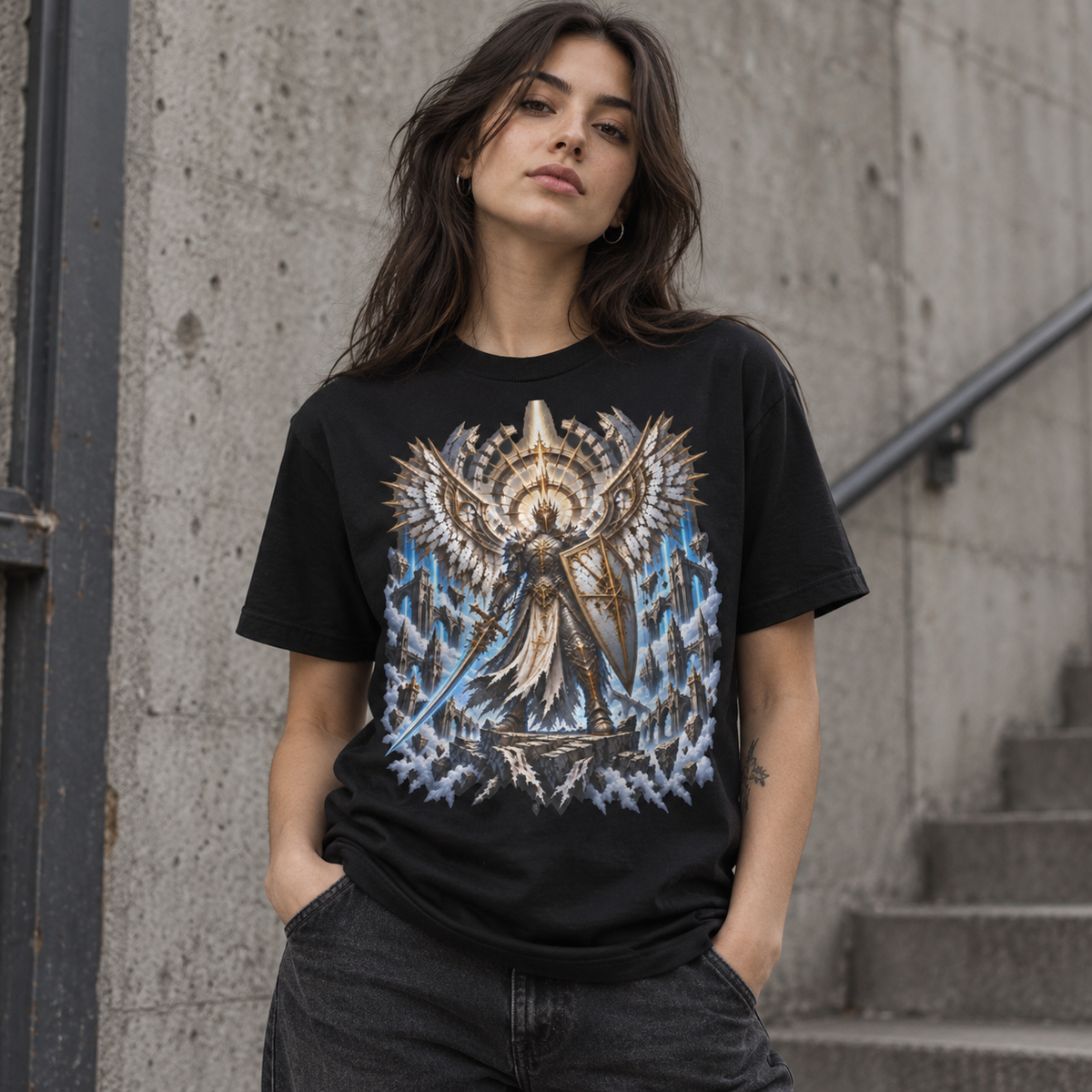 Heaven’s Last Sentinel black graphic tee with ruined heaven guardian artwork