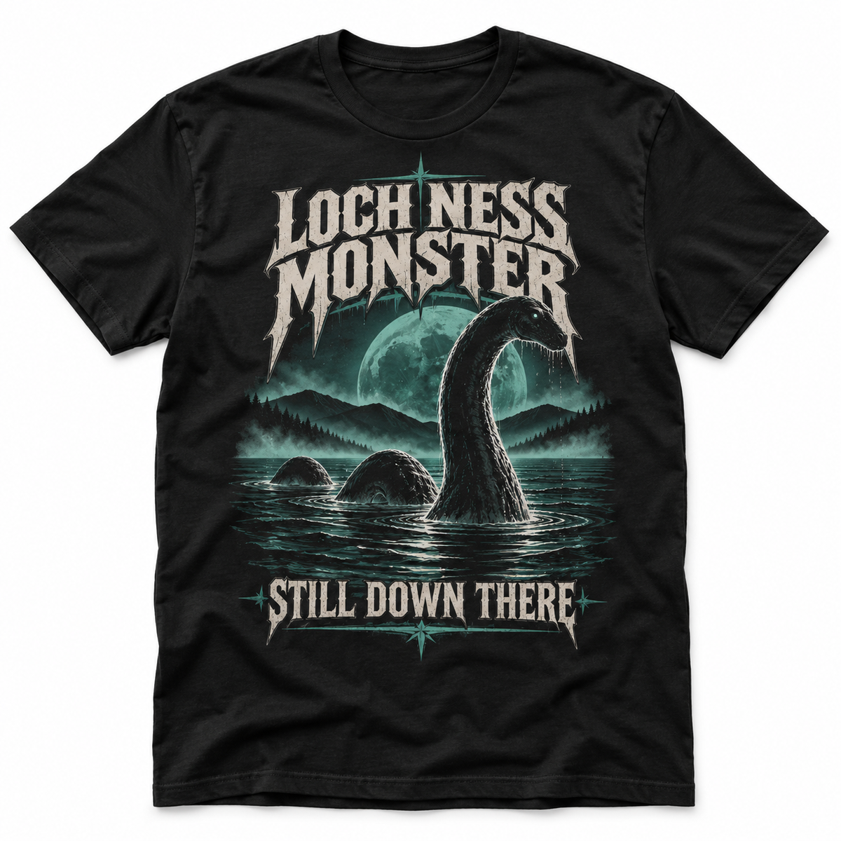 Loch Ness Monster Still Down There black T-shirt with a creature rising from a dark lake