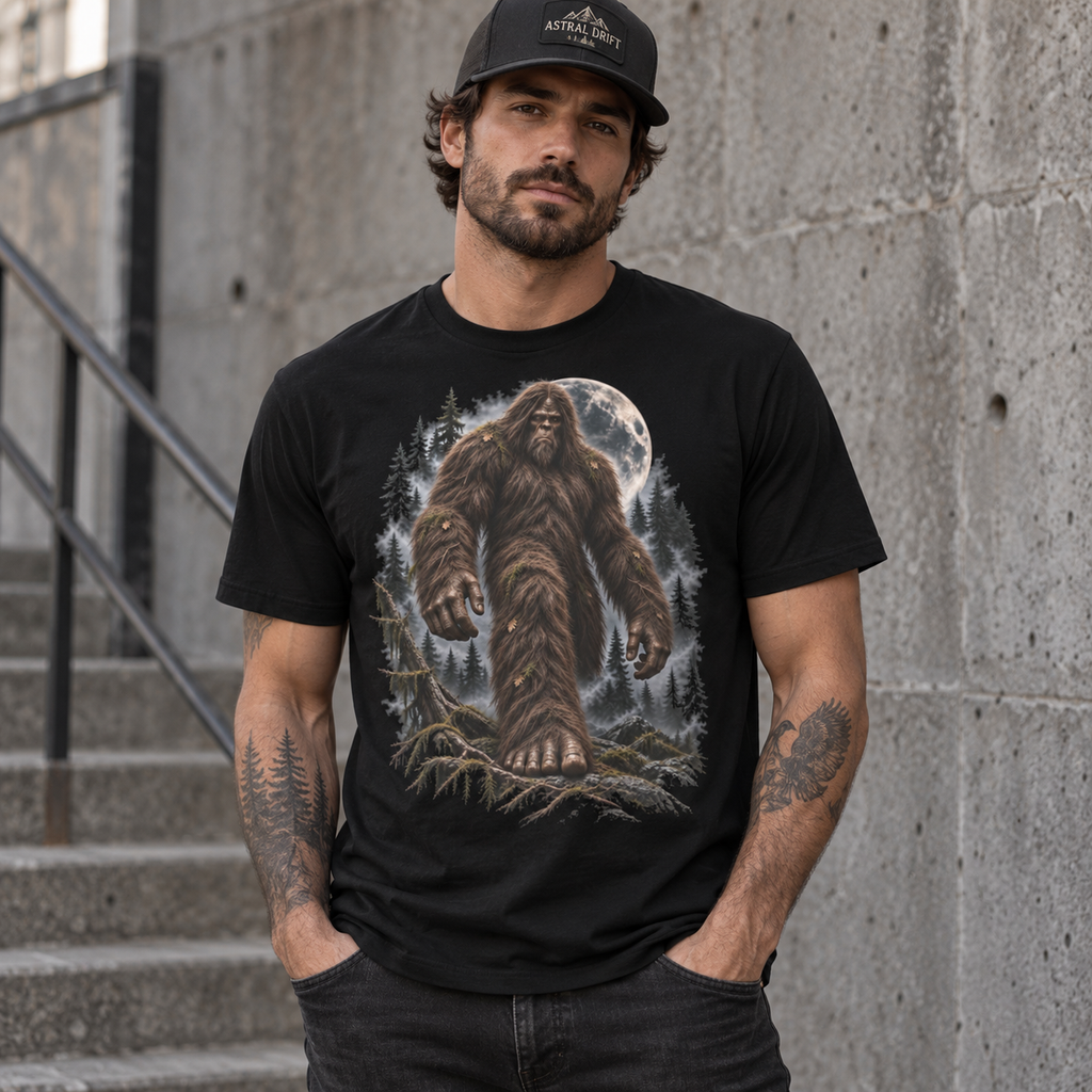 Male model wearing the Bigfoot black graphic T-shirt by Astral Drift in an urban concrete setting