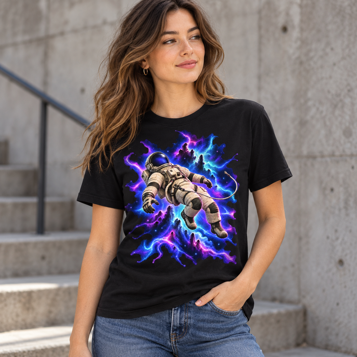 Female model wearing the Severed Orbit black T-shirt with astronaut and violet-blue nebula artwork beside concrete steps.