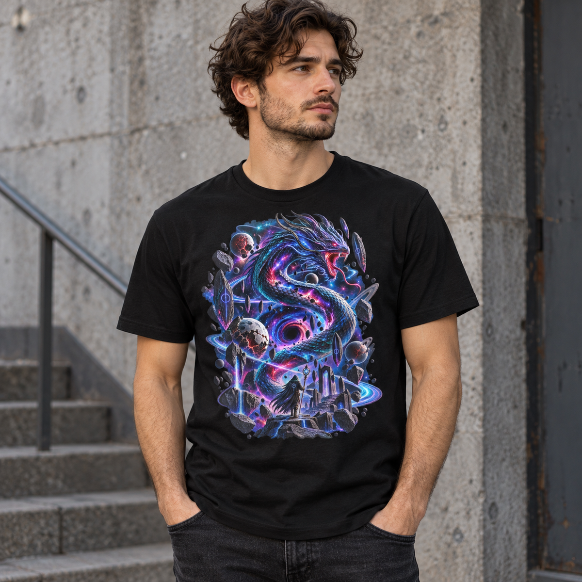 Void Serpent black cosmic graphic T-shirt lifestyle model view – Astral Drift