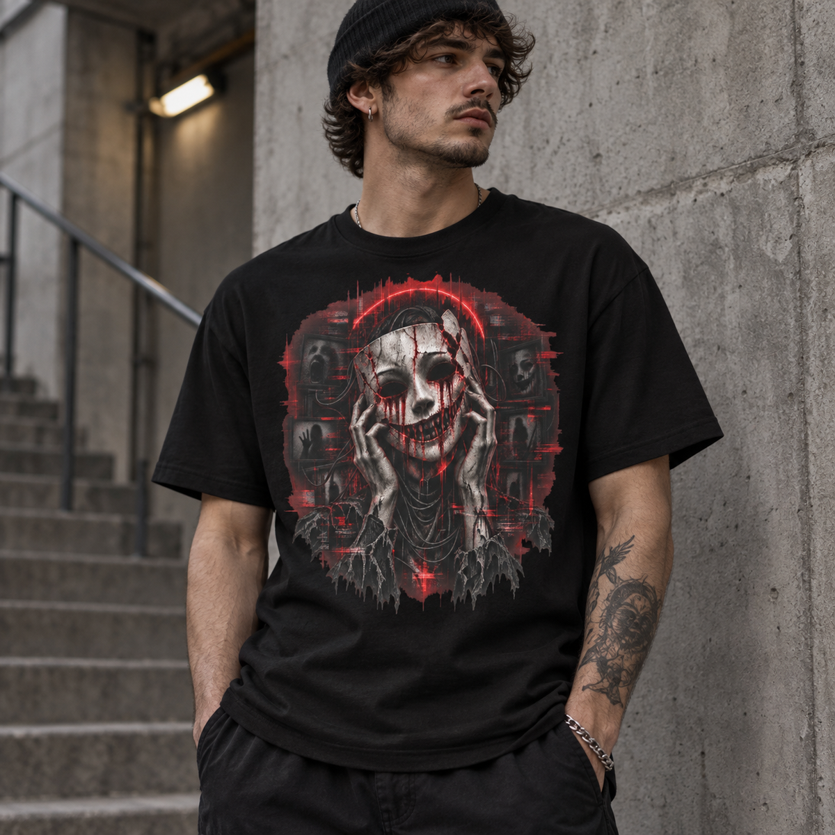 Grinning Mask black graphic T-shirt featuring a fractured porcelain grin and red analogue horror artwork