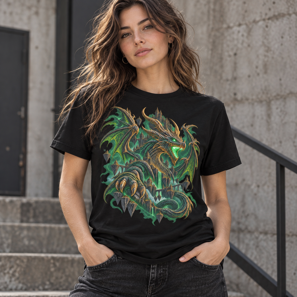 Emerald Dominion green dragon graphic T-shirt worn by female model