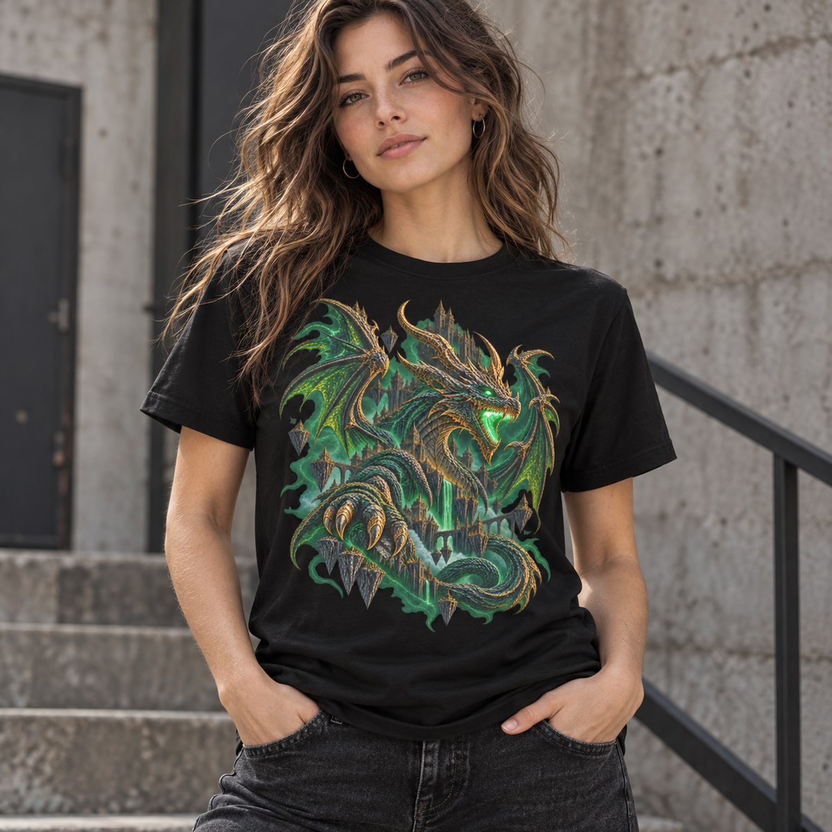 Emerald Dominion green dragon graphic T-shirt worn by female model