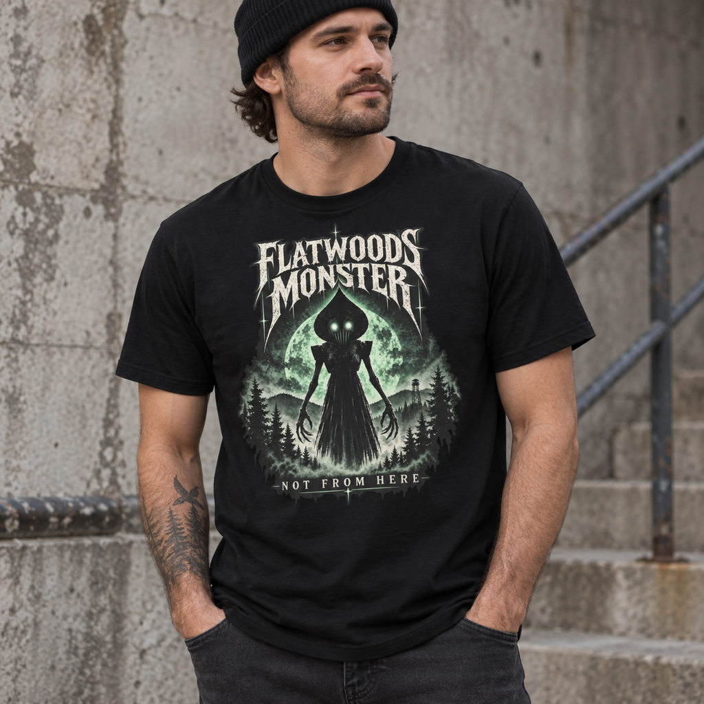 Flatwoods Monster Not From Here black cryptid graphic T-shirt worn by model – Astral Drift