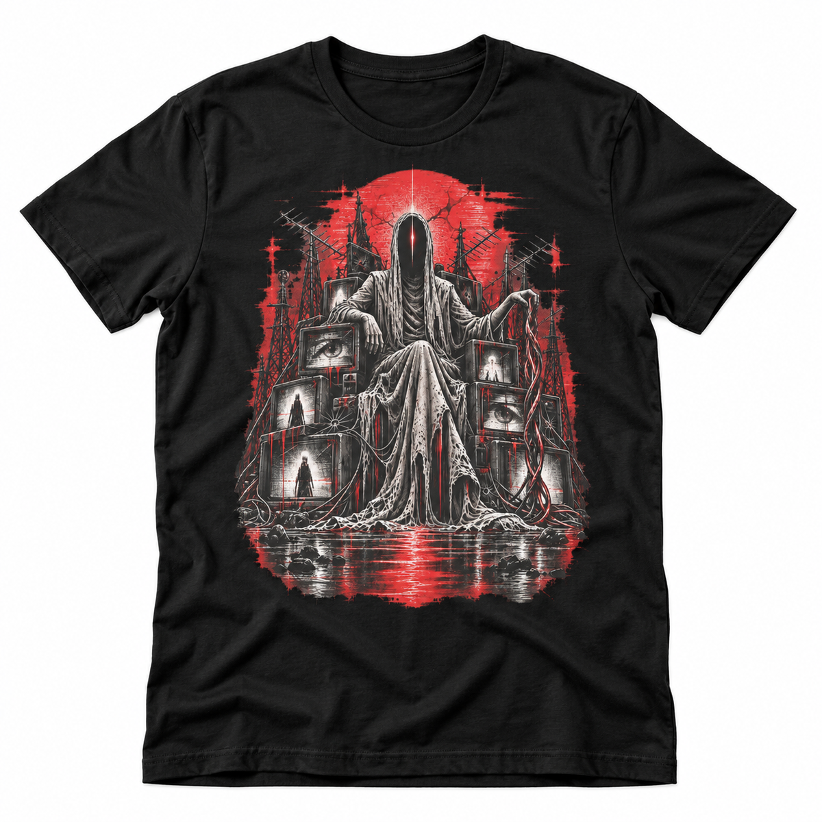 Signal Wraith black graphic T-shirt with faceless figure and red transmission artwork – Astral Drift