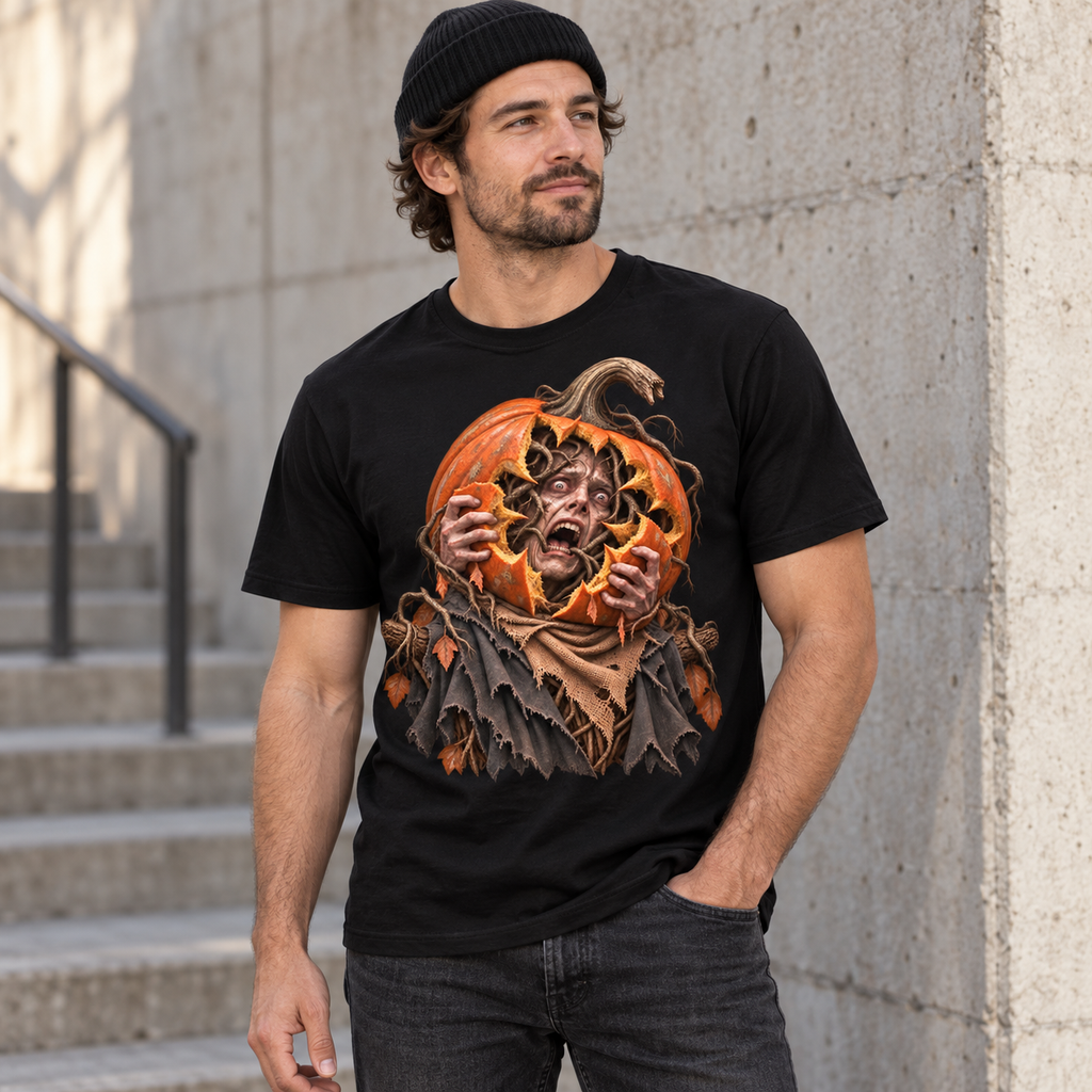 Orchard Keeper gothic Halloween shirt with detailed pumpkin creature artwork and dark harvest horror theme