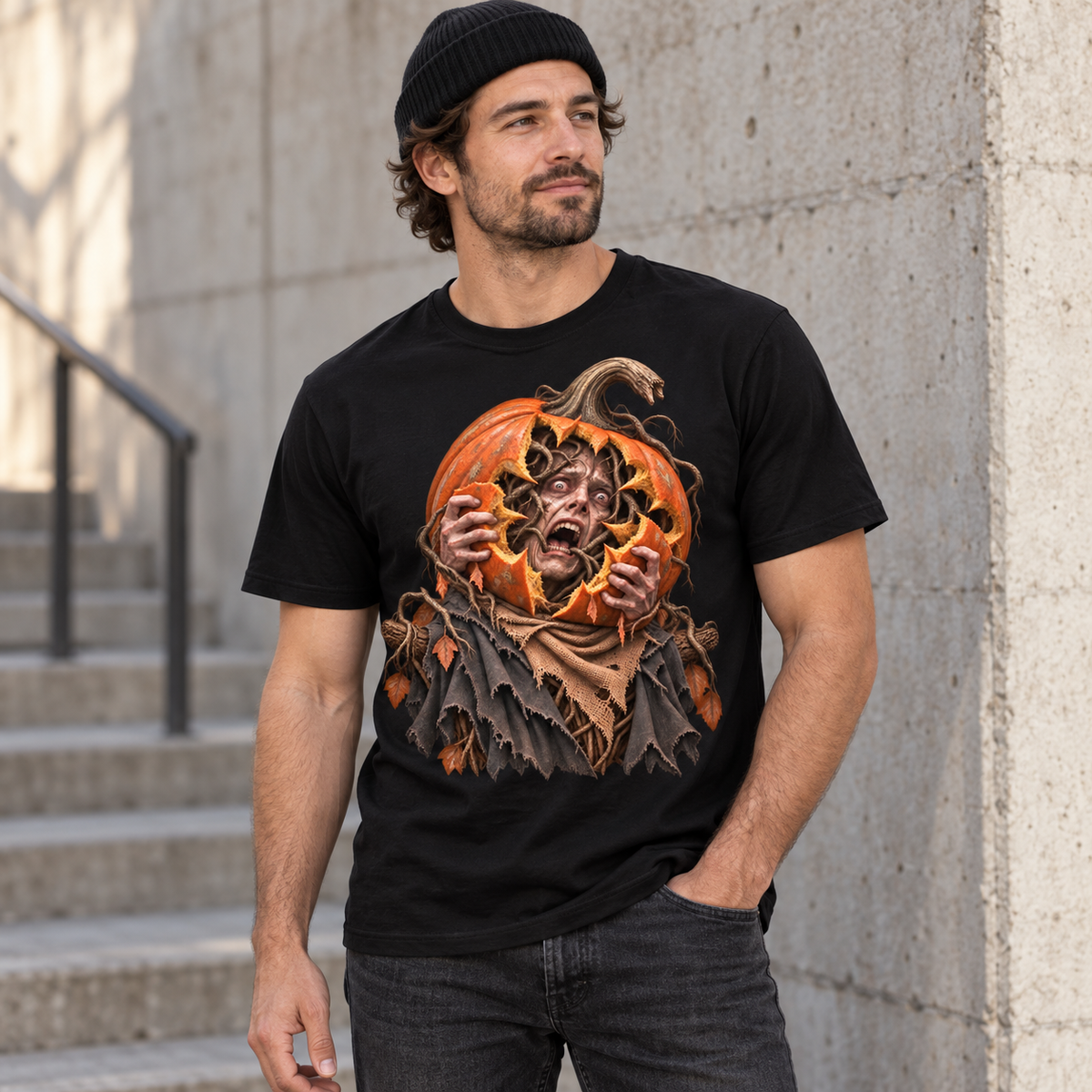 Orchard Keeper gothic Halloween shirt with detailed pumpkin creature artwork and dark harvest horror theme