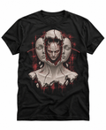 The Mannequin graphic T-shirt flat mockup on a black tee