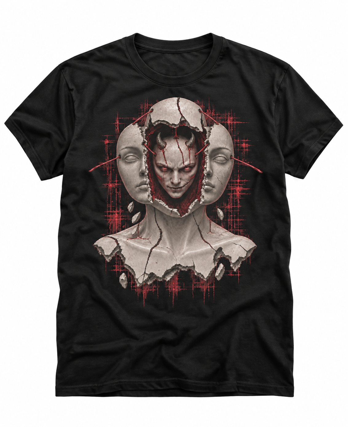 The Mannequin graphic T-shirt flat mockup on a black tee